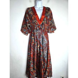 MT Collections Red Blue Taperstry Print Silk Blend V-Neck Midi Dress size Large
